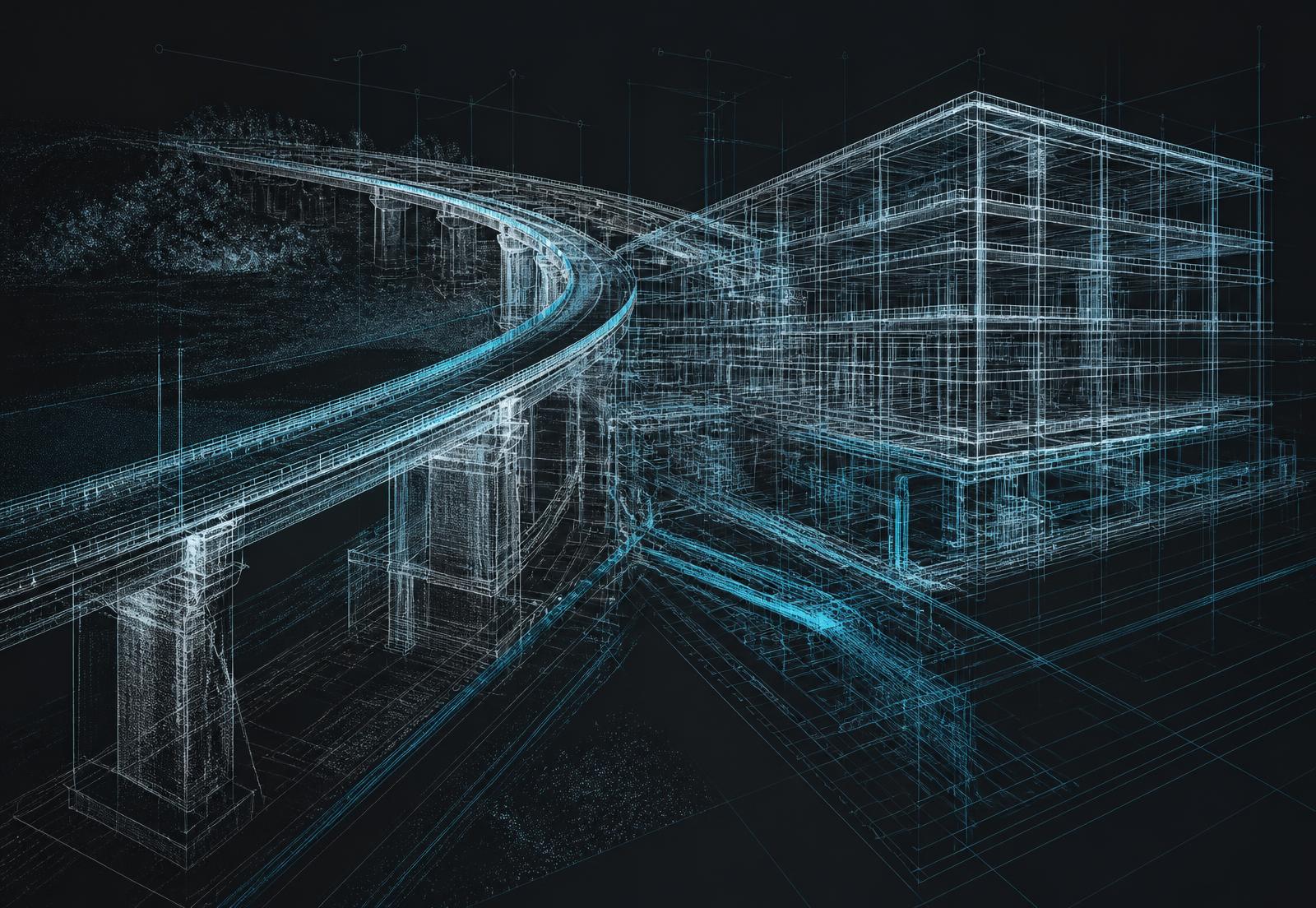 Federated BIM model of a viaduct and a building shown as cyan and white wireframe geometry with data layers